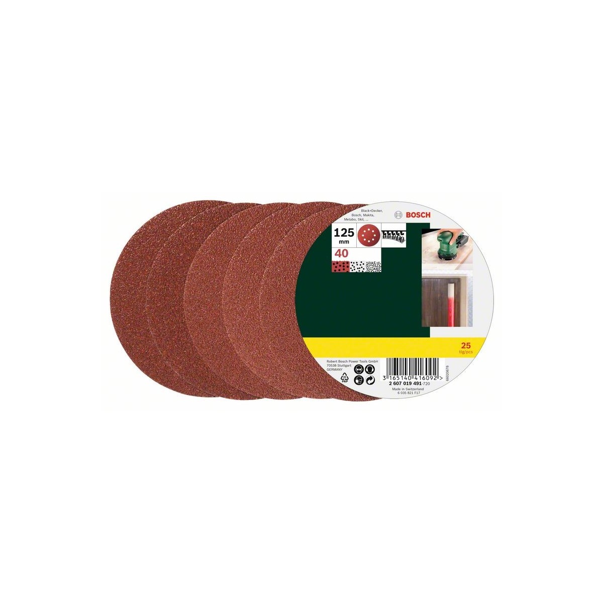 BOSCH Router sandpaper Hook-and-loop-backed, Punched Grit size 40 (Ø) 125 mm 25 pcs 2607019491