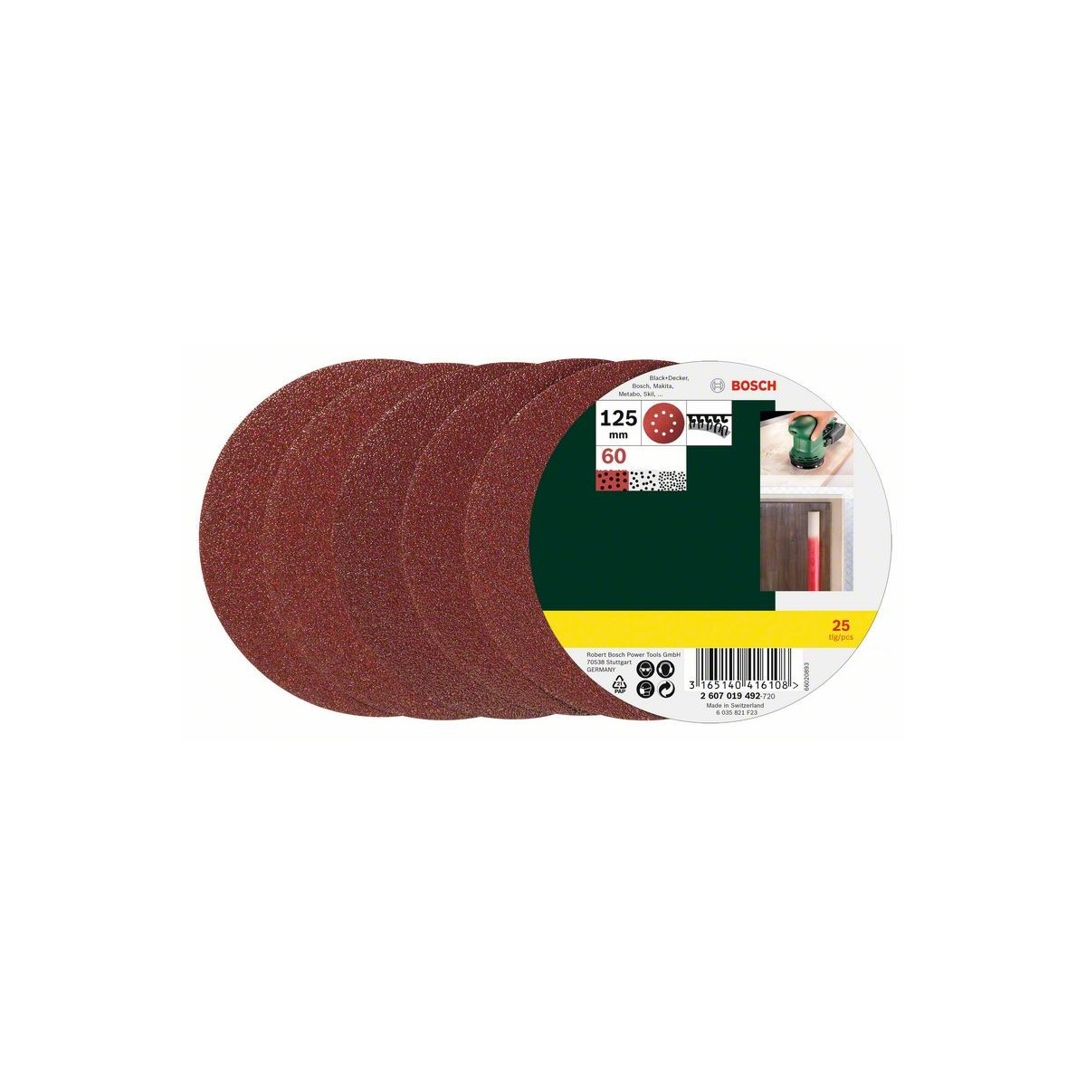 BOSCH Router sandpaper Hook-and-loop-backed, Punched Grit size 60 (Ø) 125 mm 25 pcs 2607019492