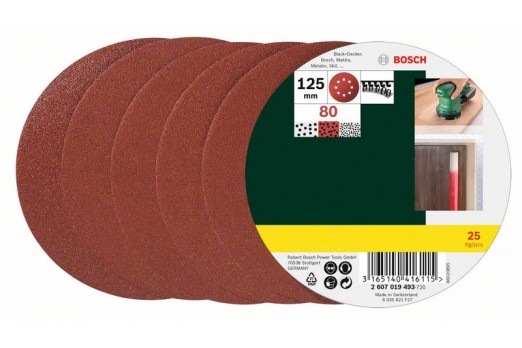 BOSCH Router sandpaper Hook-and-loop-backed, Punched Grit size 80 (Ø) 125 mm 25 pcs 2607019493