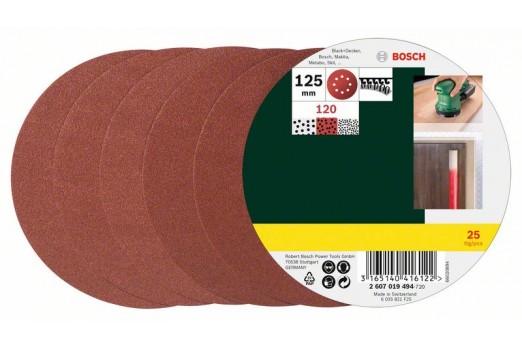 BOSCH Router sandpaper Hook-and-loop-backed, Punched Grit size 120 (Ø) 125 mm 25 pcs 2607019494