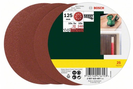BOSCH Router sandpaper Hook-and-loop-backed, Punched Grit size 80-240 (Ø) 125 mm 25 pcs 2607019497