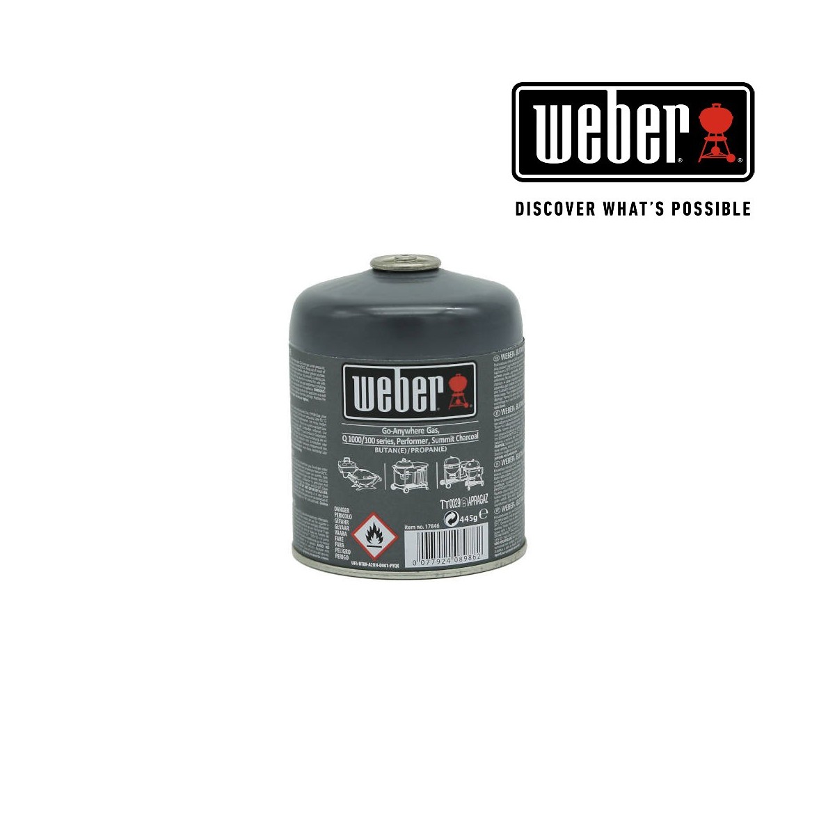 WEBER DISPOSABLE GAS CANISTER - 445G for Q 100/1000 series, Go-Anywhere Gas, Performer Deluxe Gourmet Grills, 17846